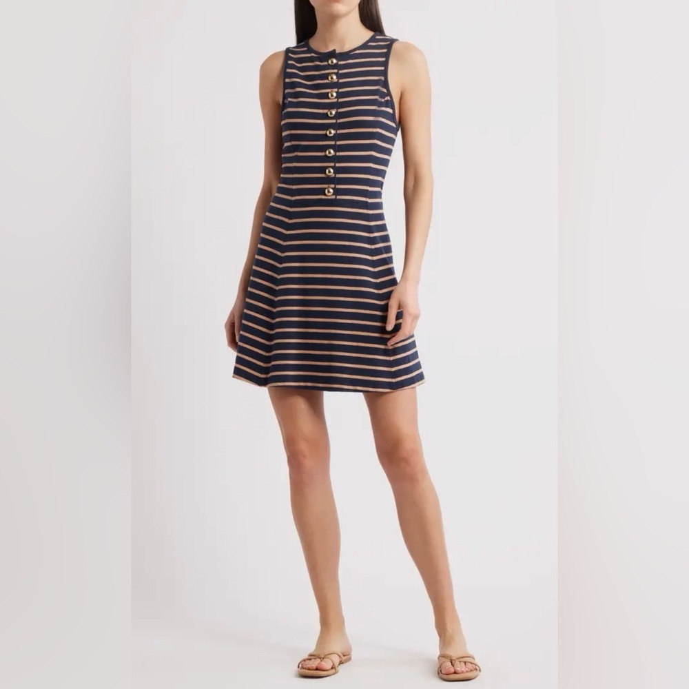 Jayna Stripe Sleeveless Fit & Flare Minidress in Latte Stripe NWT
